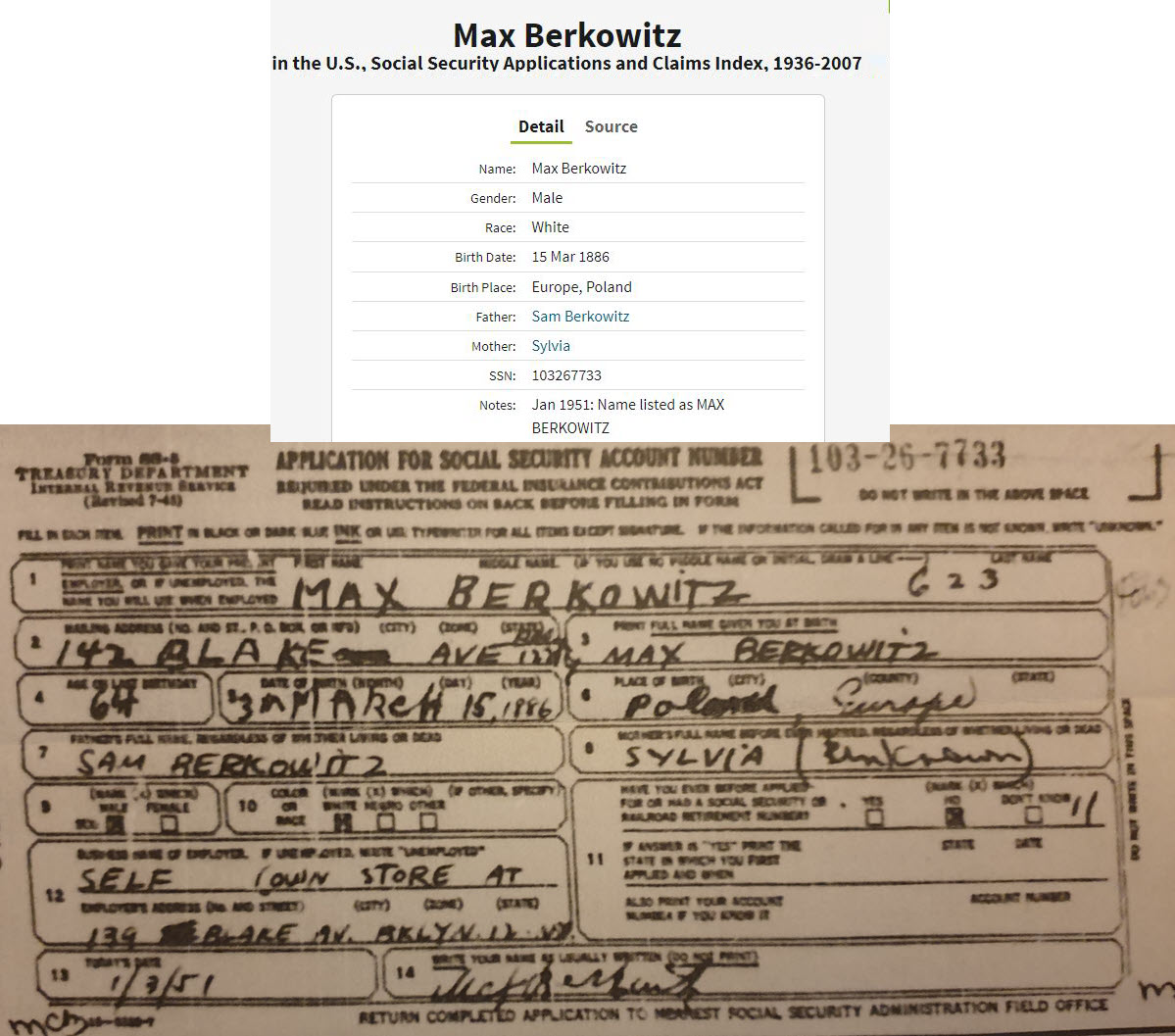 Max Berkowitz index for ordering the SS-5 and SS-5 form for Max Berkowitz showing Sam Berkowitz as father, Sylvia with unknown maiden name, with birthplace Poland, Europe