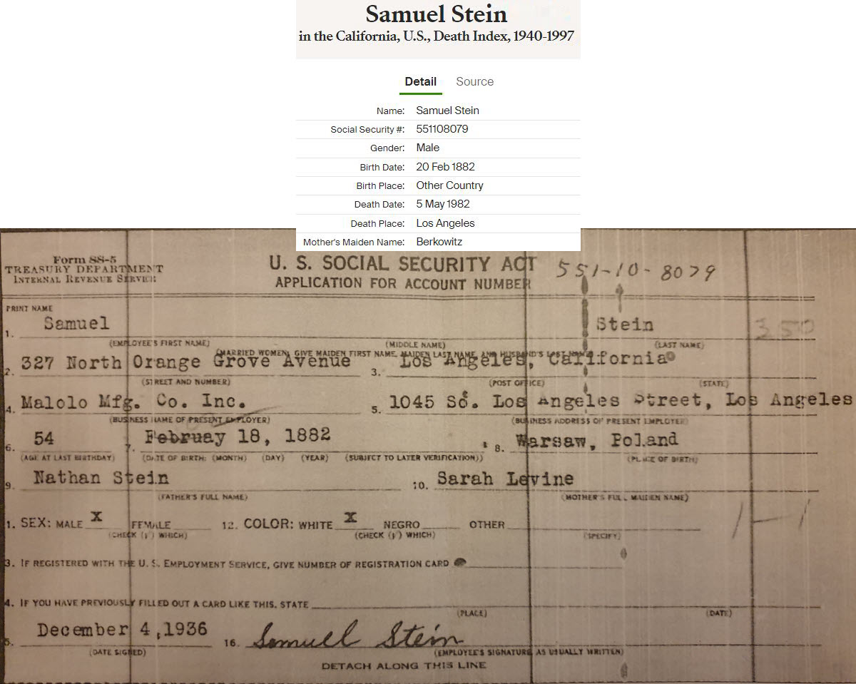 Sam Stein index for ordering the SS-5 and SS-5 form for Samuel Stein, showing Nathan Stein as father, Sarah Levine as mother, with birthplace Warsaw