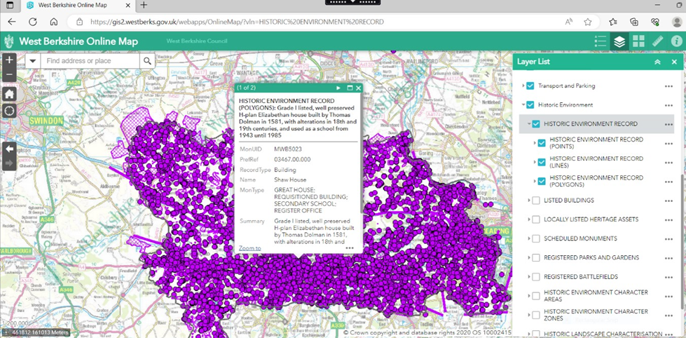 **Alt-text:** Screenshot of West Berkshire Council's online GIS map showing Historic Environment Records. Hundreds of purple dots mark heritage sites across the region. A popup displays details for Shaw House, a Grade I listed Elizabethan building from 1581. The Layer List panel on the right shows filtering options for heritage assets including listed buildings, scheduled monuments, and registered parks.