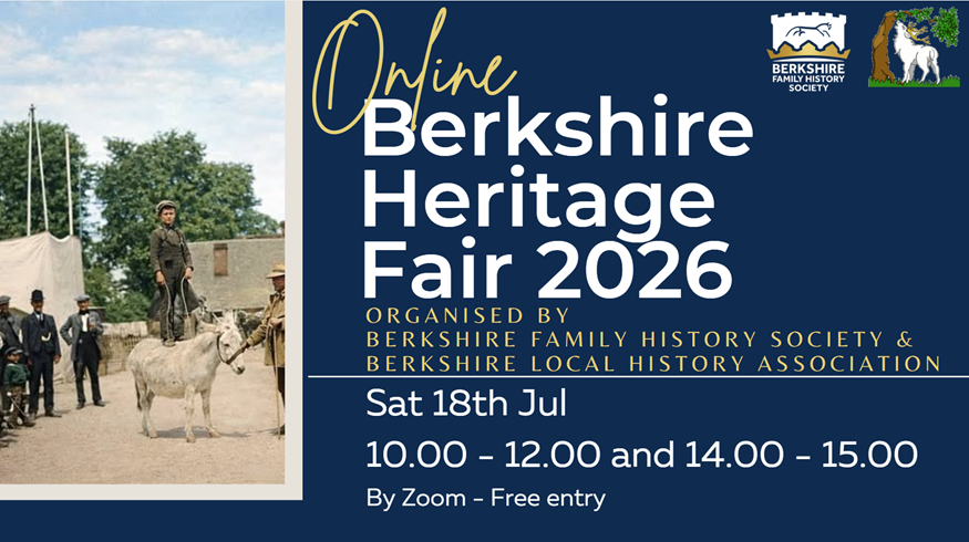Vintage colorized photograph of a boy standing on a white donkey with men in period attire watching, alongside text advertising the Online Berkshire Heritage Fair 2026 on July 18th via Zoom.
