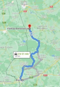 Map from Brest (aka Brest-Litovsk) to Vialikaja Bierastavica, a mere 2.5 hours drive away