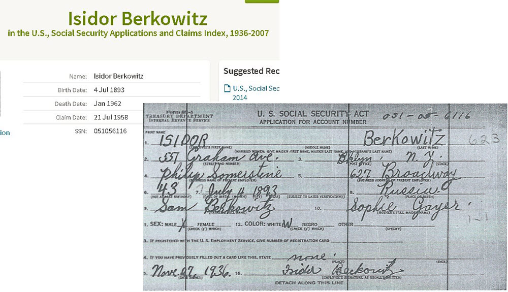 Index entry and application form for Isidor Berkowitz