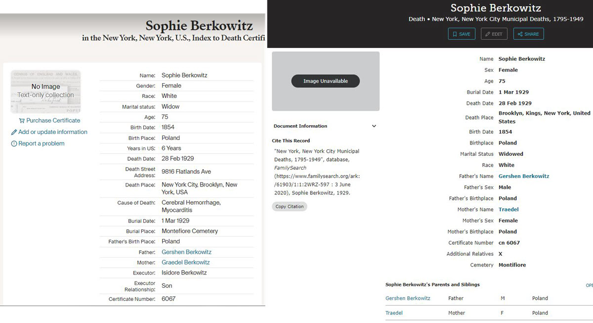 Index to Sophie Berkowitz’s death certificate on Ancestry and FamilySearch