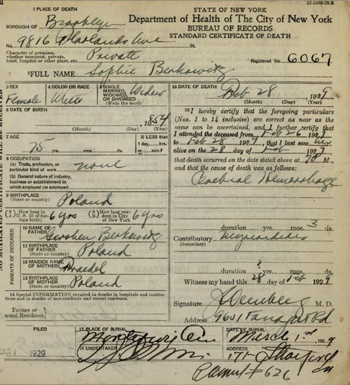 Sophie Berkowitz’s death certificate