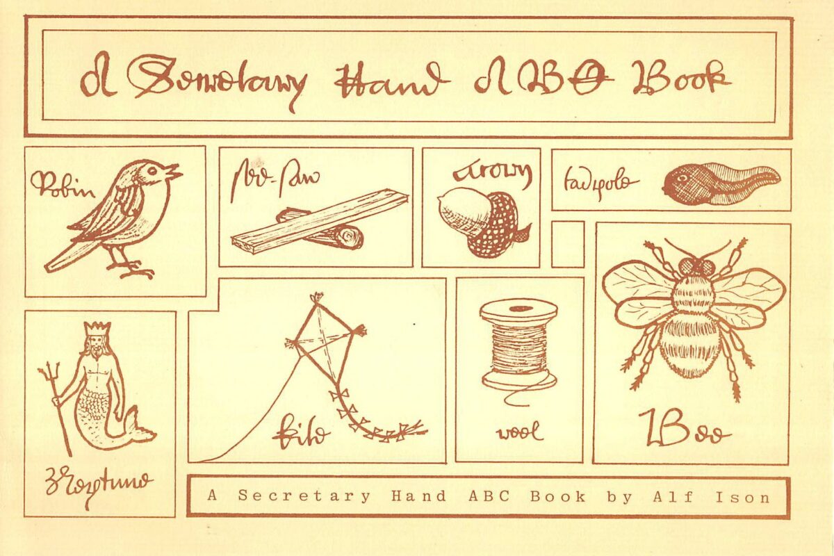 Book cover showing picture of common items and their name in secretary hand