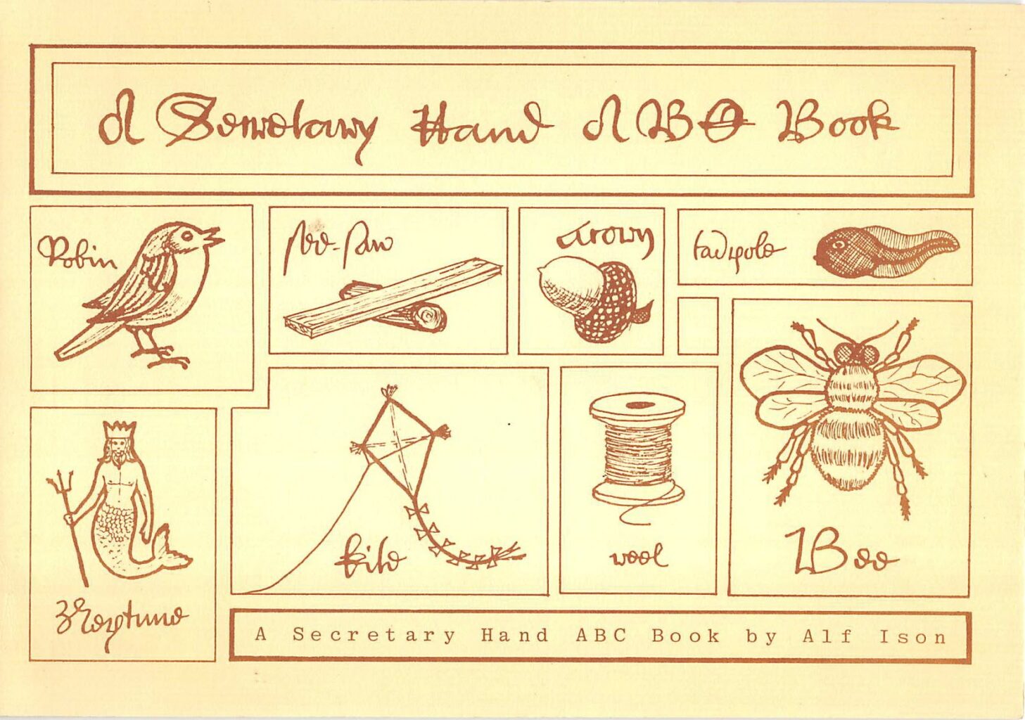 Book cover showing picture of common items and their name in secretary hand