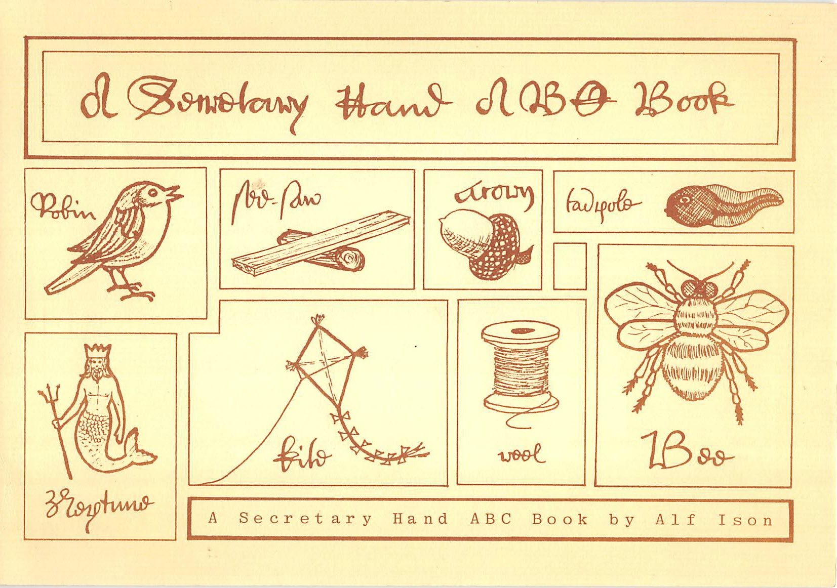 Book cover showing picture of common items and their name in secretary hand