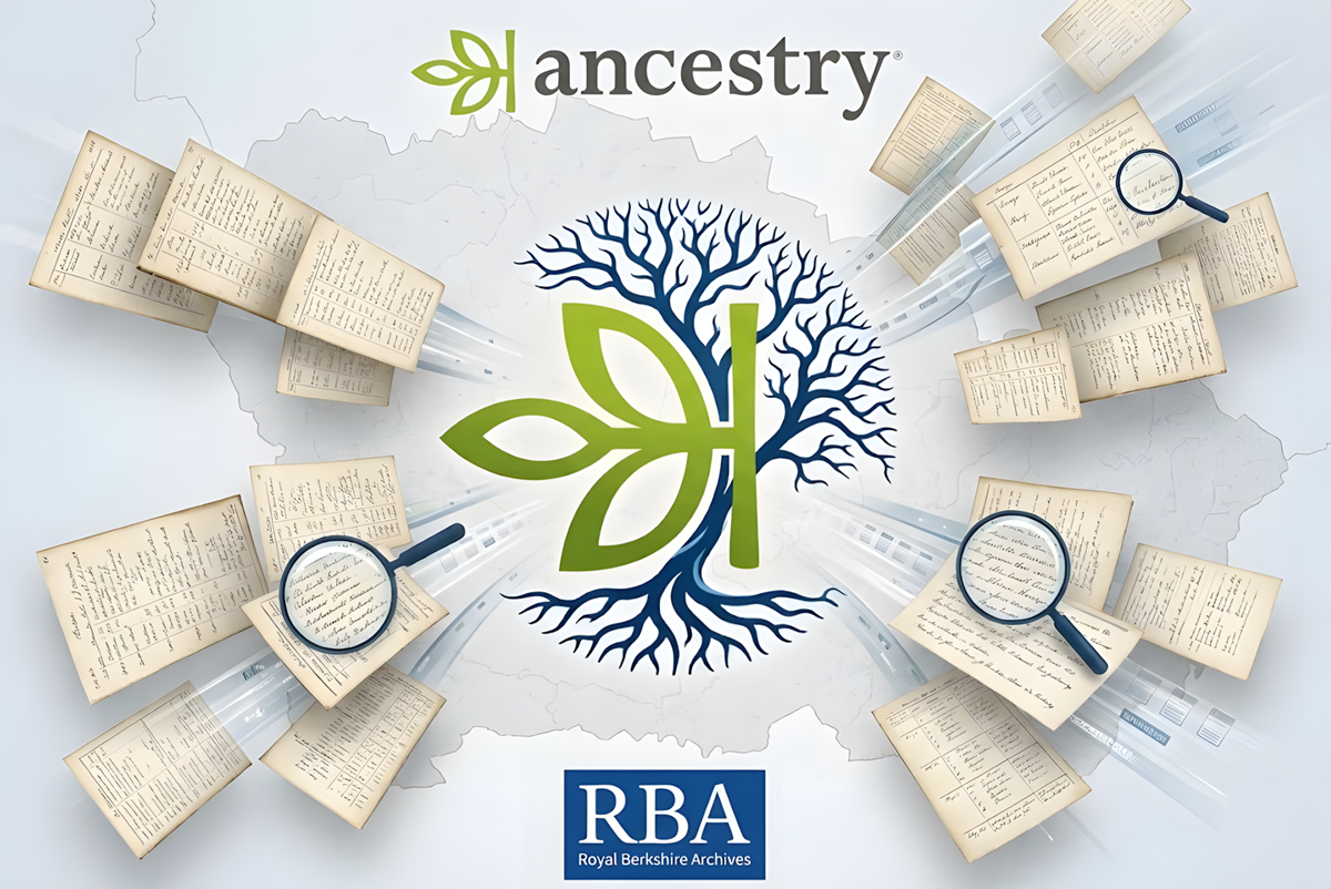 Graphic featuring the Ancestry logo at the top and the Royal Berkshire Archives logo at the bottom, centered around a family tree emblem surrounded by historical document records and magnifying glasses.