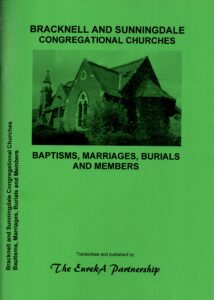 Green cover of a publication for Bracknell and Sunningdale Congregational Churches containing records of baptisms, marriages, burials, and members, featuring a monochrome photograph of a church building.