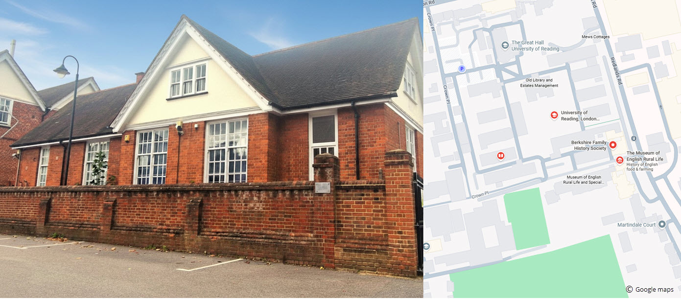 View of Family Research Centre from Acacia Road entrance. A two story red-brick building behind a shoulder height red-brick wall. Alongside it is a map of the street location from Google Maps