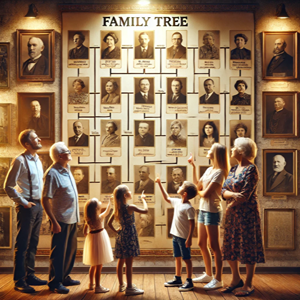 A photographic-style image depicting a family tree diagram displayed on a wall