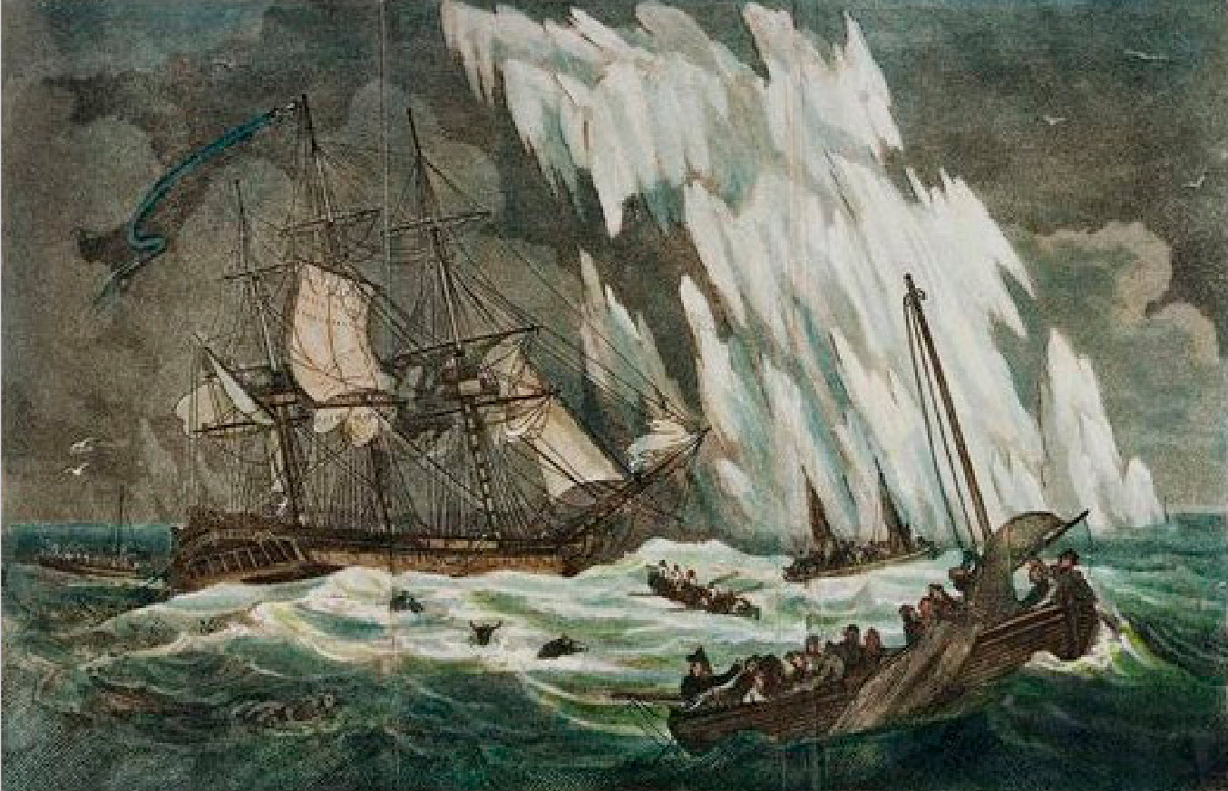 Distressing situation of the Guardian sloop after striking on a floating  island of ice by Thomas Tegg [public domain] 
