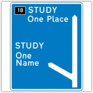 Motorway sign directing to One Place or One Name Study