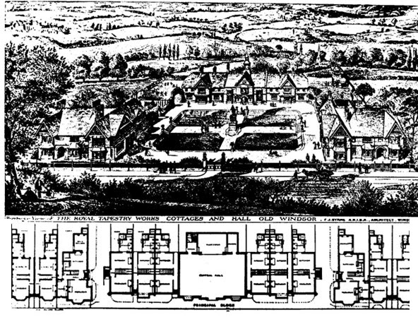 Victorian architectural illustration of The Royal Tapestry Works, Cottages and Hall at Old Windsor. The upper portion shows a bird's-eye perspective drawing of the complex featuring Tudor-style buildings with decorative gables, a central hall, and surrounding cottages set in landscaped grounds with trees and open fields beyond. The lower portion displays detailed floor plans showing the layout of the principal floor, including a central hall and symmetrically arranged cottage units on either side.