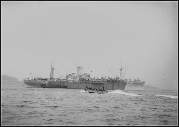 HMS Empire Battleaxe, broadside view - at sea. Public domain via Wikepedia