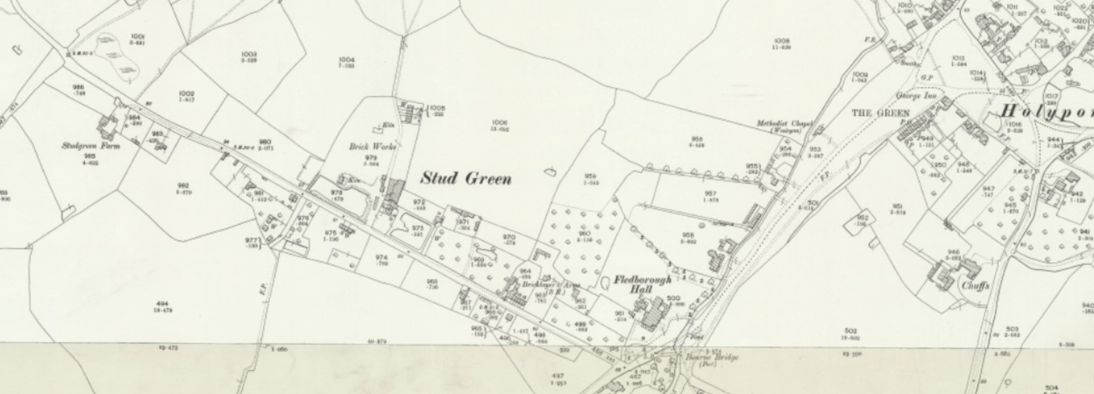 Stud Green, where Thomas had lodgings in Sturt Green (the road to the south of Stud Green and Foxleighs (Foxleys) in the left foreground), where part of the loot was hidden. 