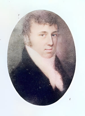 Oval portrait of young Charles Drew Street circa 1830, with dark curly hair, wearing a black coat and white cravat.