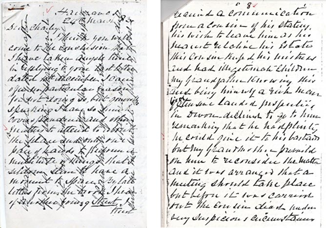 **Alt-text:** Two pages of a handwritten letter dated 24th March 1837 from St Helena. Both pages feature dense cursive script in black ink on aged paper. The first page shows cross-hatched writing typical of the era, beginning "Dear Charley." The second page continues in the same hand with clearer vertical text discussing family matters including mentions of cousins, an estate, and a grandfather.