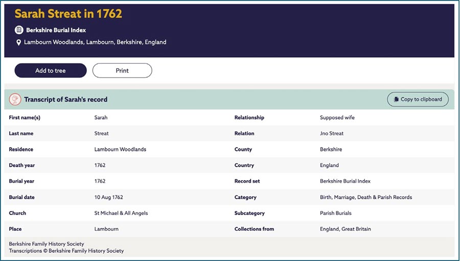 **Alt-text:** Screenshot of a genealogy record from the Berkshire Burial Index showing details for Sarah Streat. The dark blue header displays her name and location at Lambourn Woodlands, Berkshire. The transcript below shows she was buried 10 August 1762 at St Michael & All Angels church in Lambourn, listed as supposed wife of Jno Streat. Source credited to Berkshire Family History Society.