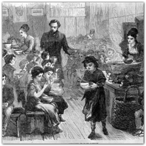 Drawing of poor children being served a halfpenny dinner