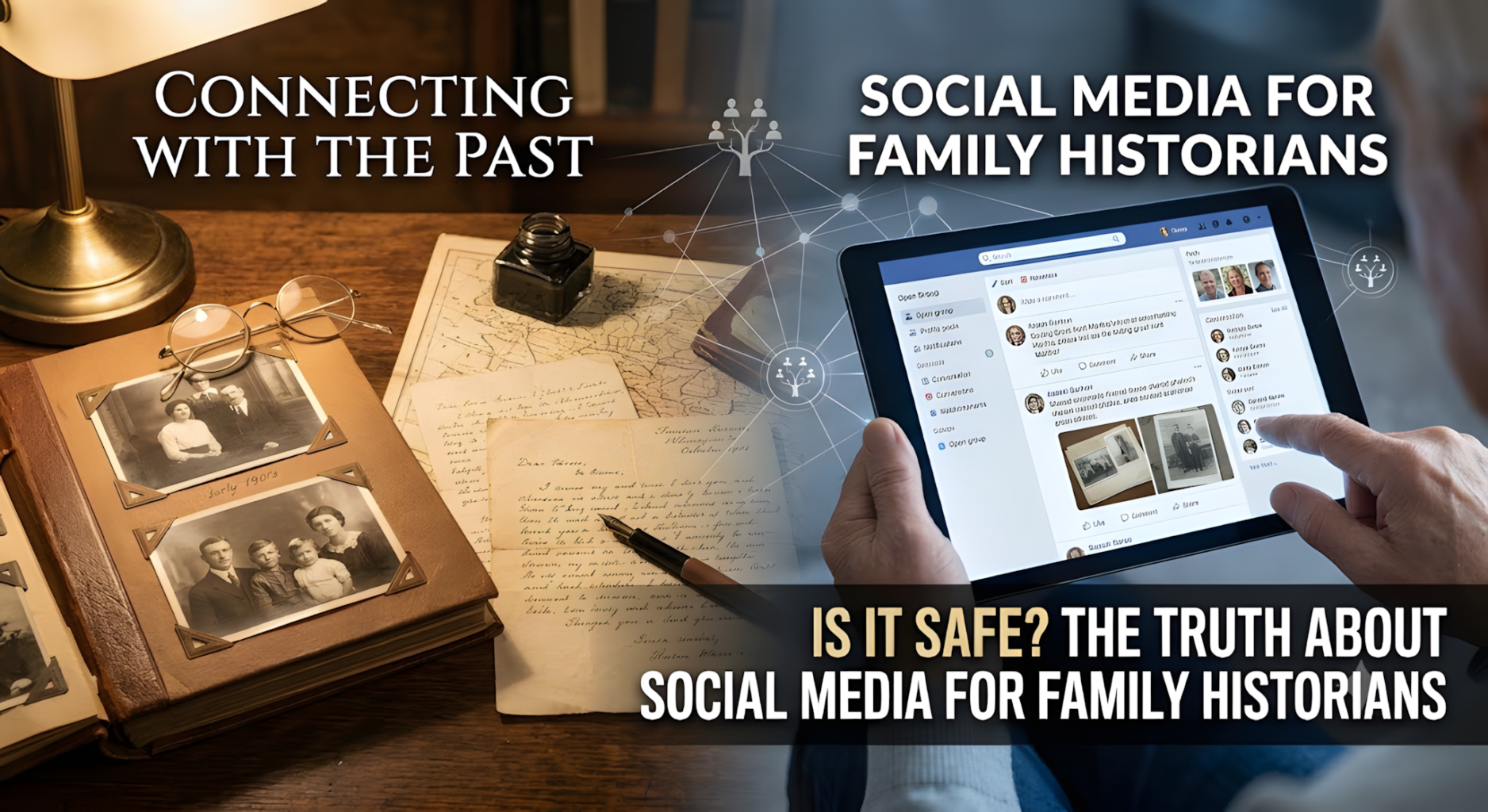 A split-screen graphic showing vintage family photos and handwritten letters on a desk connected by a digital network to a person using a tablet, with text reading "Is It Safe? The Truth About Social Media for Family Historians.