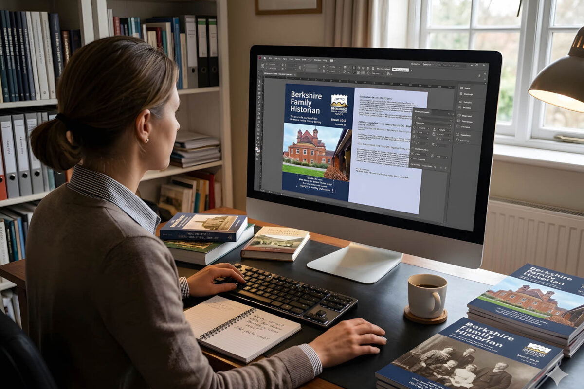A woman at a desk designs the layout of the "Berkshire Family Historian" journal on a computer monitor, with printed copies of the publication and reference books nearby.