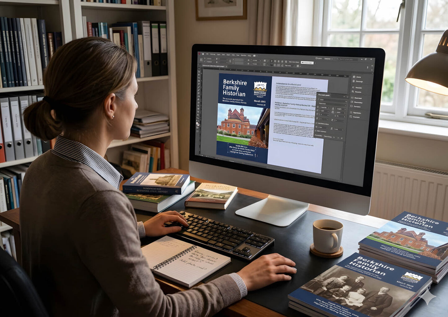 A woman at a desk designs the layout of the "Berkshire Family Historian" journal on a computer monitor, with printed copies of the publication and reference books nearby.
