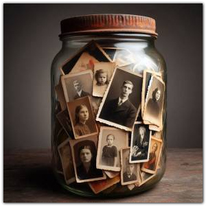 A pickle jar containing old family photos