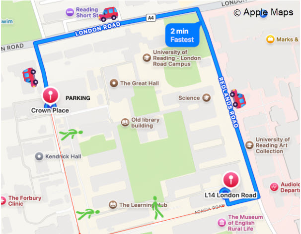 Map of driving route to car park and walking route back