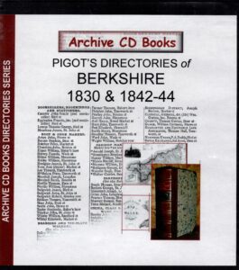 Front cover of the Archive CD Books CD for Pigot's Directories of Berkshire 1830 & 1842-44, featuring historical trade directory listings and illustrations of old books and maps.