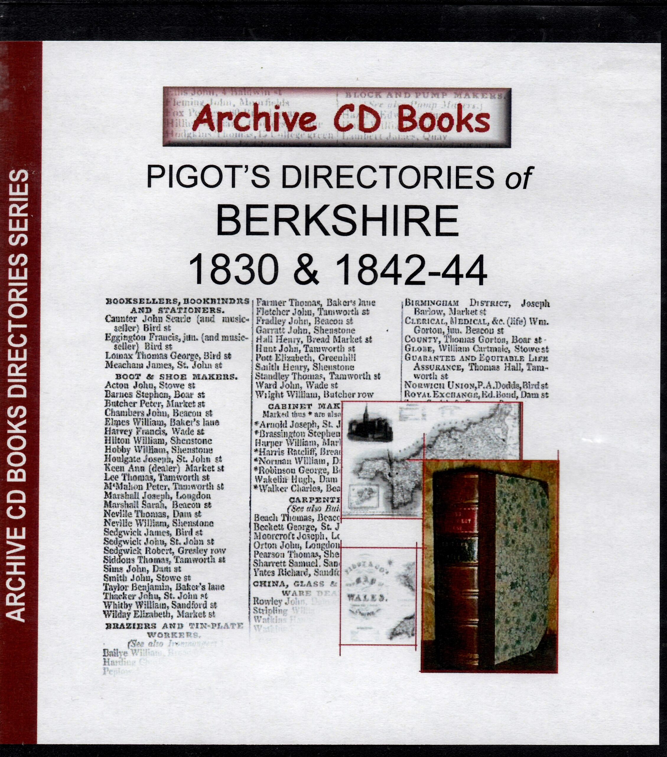 Front cover of the Archive CD Books CD for Pigot's Directories of Berkshire 1830 & 1842-44, featuring historical trade directory listings and illustrations of old books and maps.