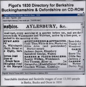CD-ROM cover for Pigot's 1830 Directory for Berkshire, Buckinghamshire & Oxfordshire, showing a sample software interface with historical directory entries for Aylesbury.