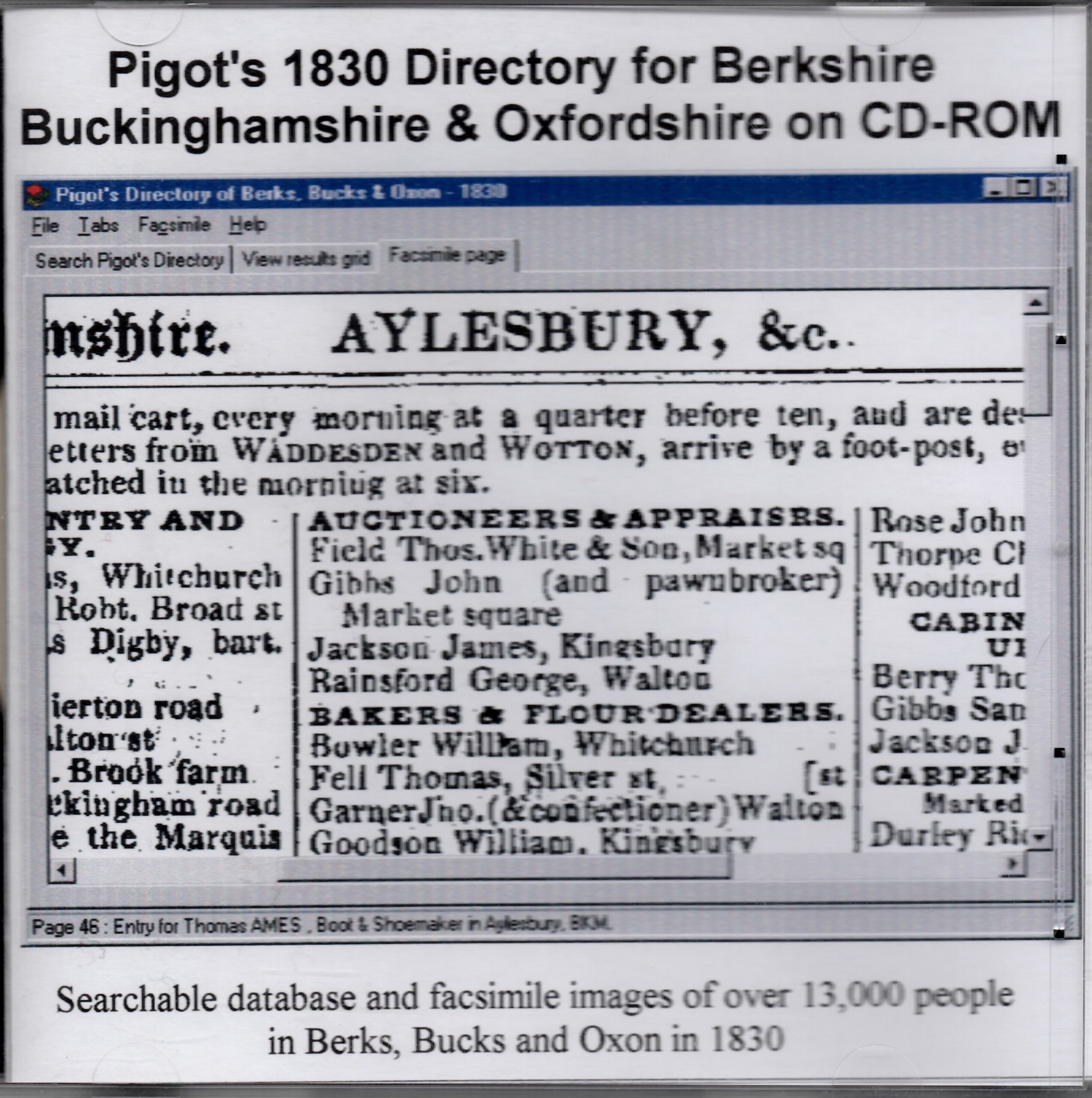 CD-ROM cover for Pigot's 1830 Directory for Berkshire, Buckinghamshire & Oxfordshire, showing a sample software interface with historical directory entries for Aylesbury.