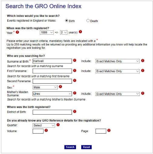 Screenshot of search form in GRO site