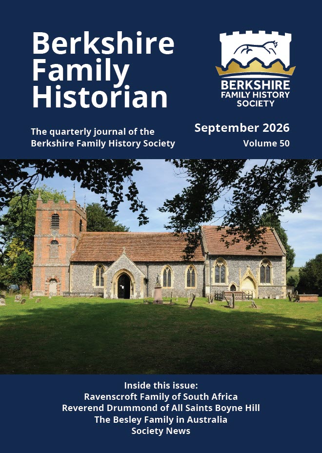 Front cover of the September 2026 issue of the Berkshire Family Historian journal, featuring a photograph of a historic flint and brick parish church surrounded by a grassy churchyard.