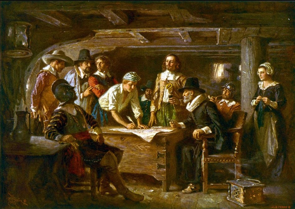 Signing of the Mayflower Compact 1620, a painting by Jean Leon Gerome Ferris 1899 [public domain]