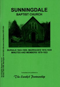 Green cover of a Sunningdale Baptist Church records booklet featuring a photo of the church and listing burial, marriage, and membership dates from 1843 to 1959.