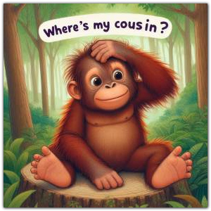 Young orang-utan wondering where his cousin is in style of child's book (AI)