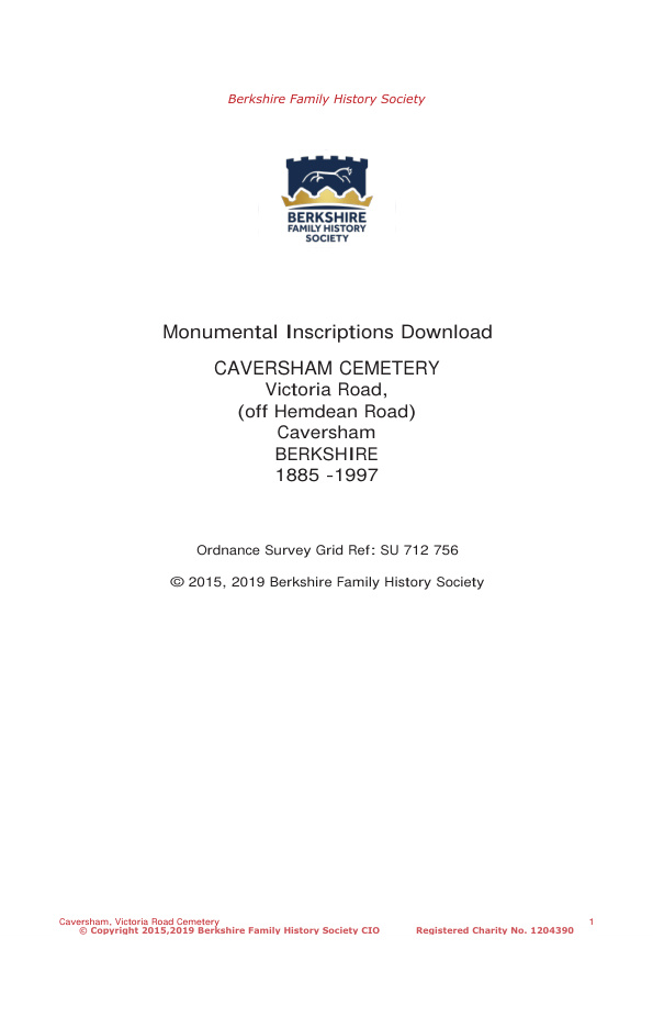 Caversham Hemdean Road Cemetery MIs 1885-1997 Download D1406