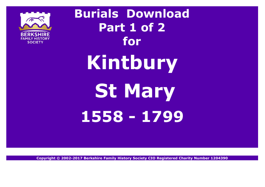 Kintbury St Mary Burials 1558-1799 Download D1288 Part 1 of 2