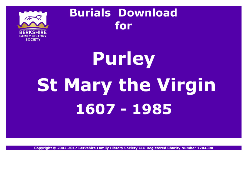 Purley St Mary the Virgin Burials 1607-1985 Download D1165
