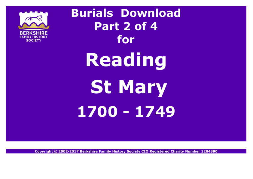 Reading St Mary Minster Burials 1700-1749 Download D1336 Part 2 of 4