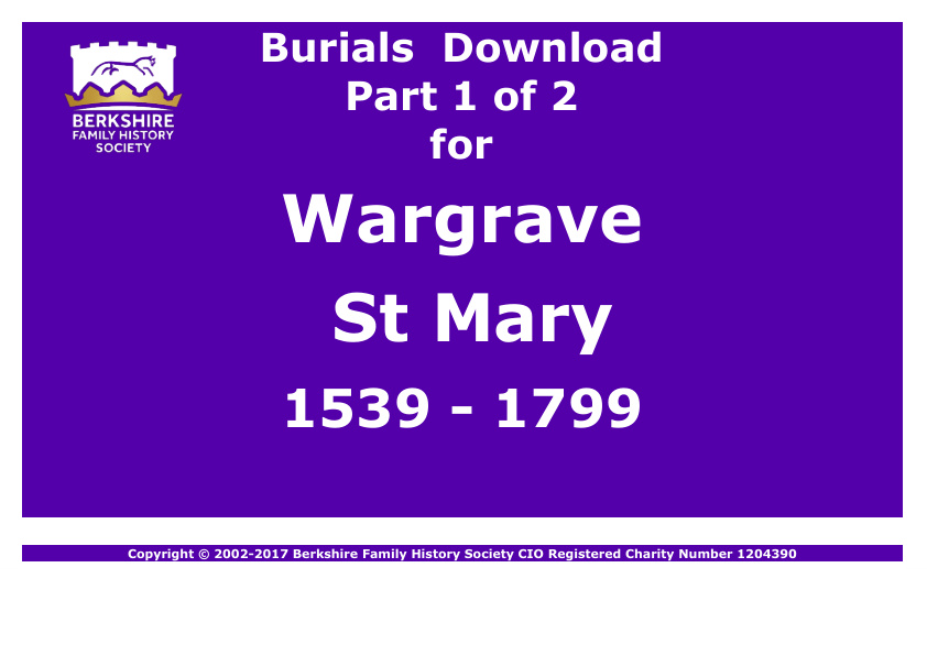 Wargrave St Mary Burials 1539-1799 Download D1351 Part 1 of 2