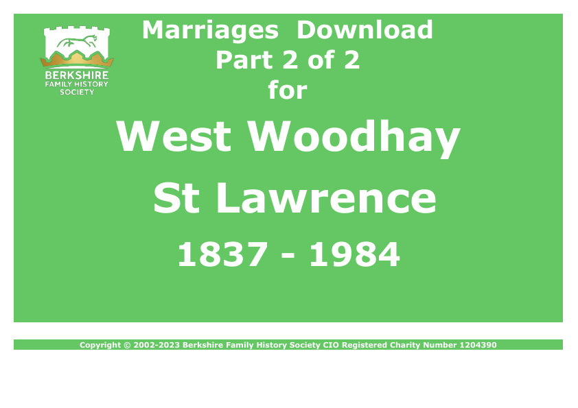 West Woodhay St Lawrence Marriages 1837-1984 Download D1873 Part 2 of 2
