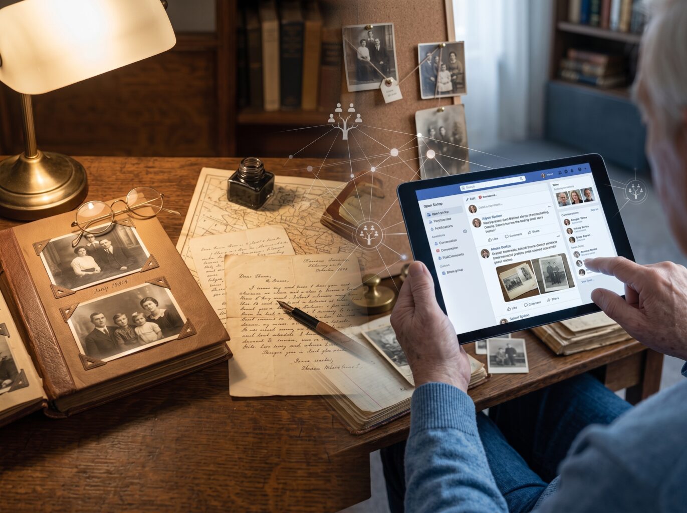 AI generated image. An elderly person uses a tablet to view old family photos, connecting past and present.