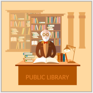 A flat vector illustration of an elderly man with a white beard and glasses sitting at a public library desk with an open book and stacks of books.