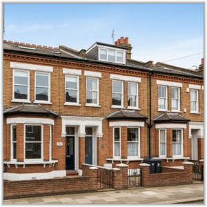 AI generated image. A row of traditional brick terraced houses with bay windows, white frames, and dark blue front doors.