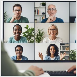 AI generated image. Nine diverse people smile from a video call grid on a computer screen, viewed over someone's shoulders.