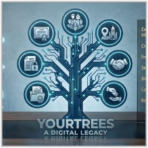 Promotional graphic for "YourTrees: A Digital Legacy" featuring a glowing digital circuit tree with family history icons, a workflow diagram, and a list of benefits exclusive to Berkshire Family History Society members.