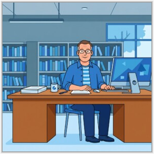 AI generated image: I want  a face-on image of a middle aged man sitting behind a desk in a library.  Behind him are book shelves.  There is a computer on the desk.  The colour scheme is based on shades of blue.  There are to be no other people in the image,  He is waiting for visitors to happen by at this drop in session.  The image is face-on, not a perspective view